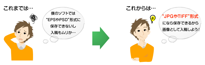 これまではEPSやPSD形式に保存ができずに入稿できなかった方もこれからはご利用いただけます