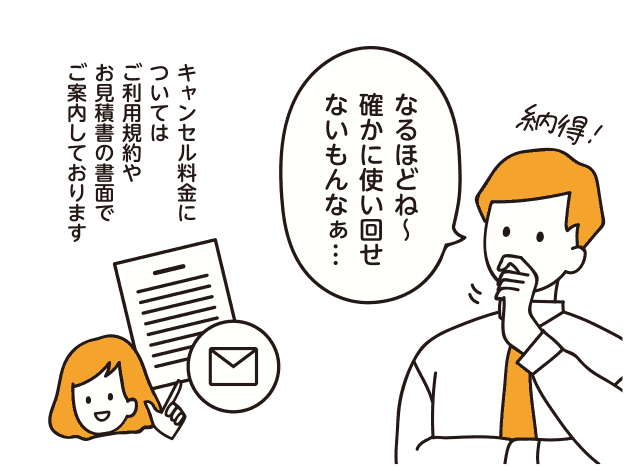 キャンセル料金についてはご利用規約やお見積書の書面でご案内しております