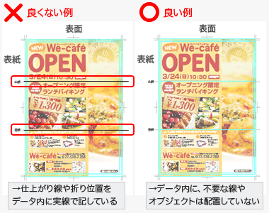 仕上がり線や折り位置をデータ内に実線で記さないでください