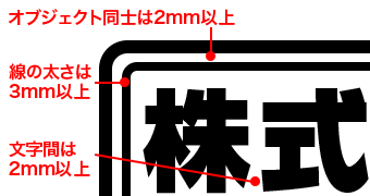 線の太さは1mm以上、オブジェクト同士は2mm以上離してください