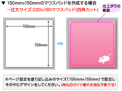 150mm×150mmのマウスパッドを作成する場合