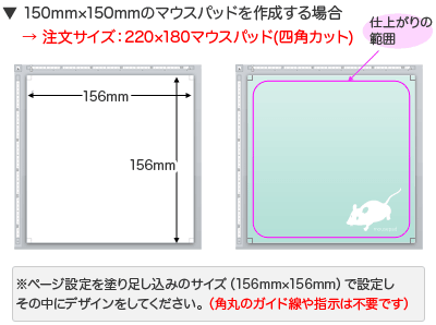 150mm×150mmのマウスパッドを作成する場合