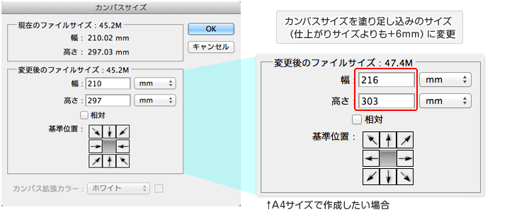 カンバスサイズを塗り足し込みのサイズに変更