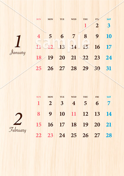 ウッド調カレンダー 1月／2月
