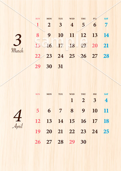 ウッド調カレンダー 3月／4月