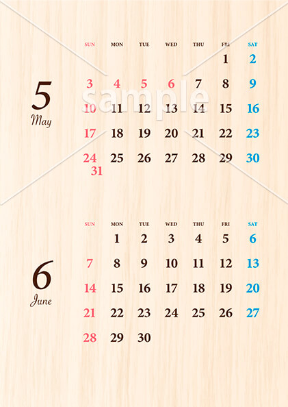 ウッド調カレンダー 5月／6月