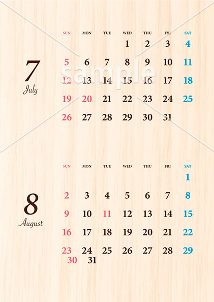 ウッド調カレンダー 7月／8月