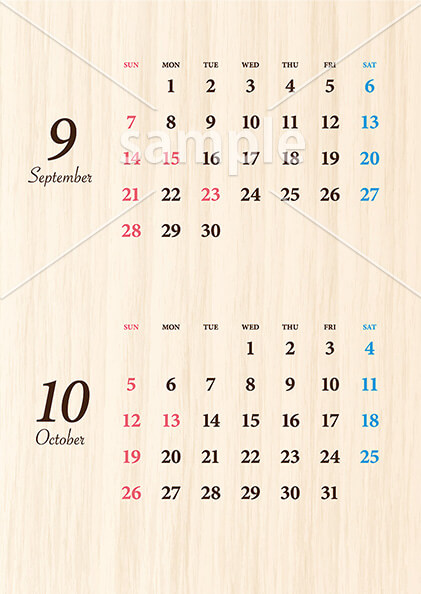 ウッド調カレンダー 9月／10月
