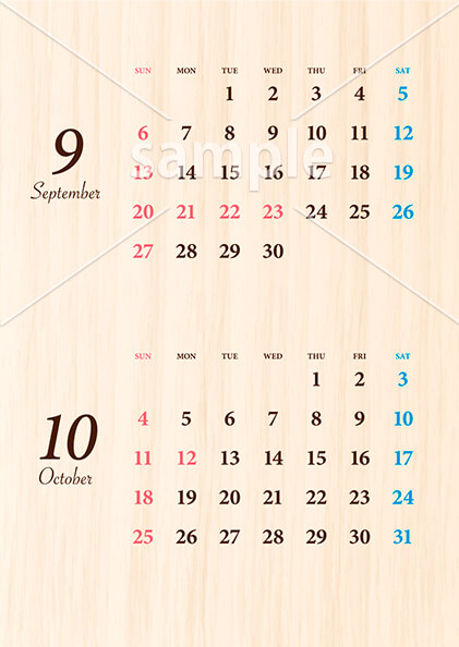 ウッド調カレンダー 9月／10月