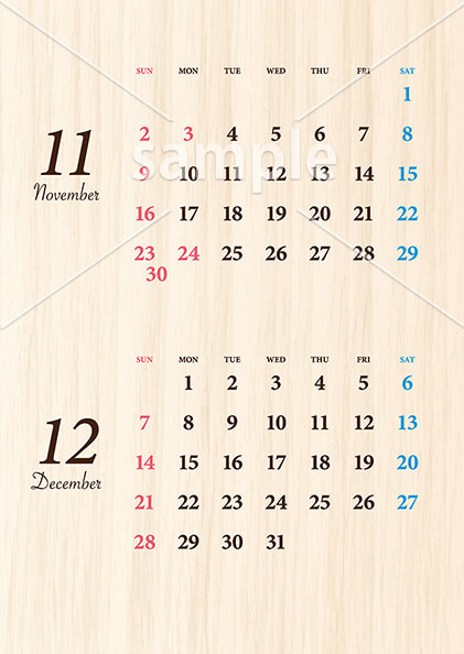 ウッド調カレンダー 11月／12月
