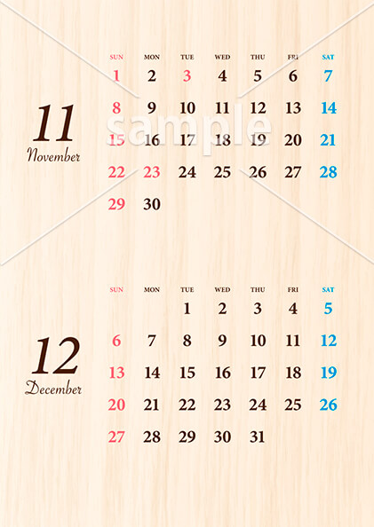 ウッド調カレンダー 11月／12月