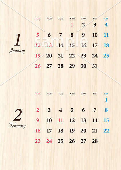 ウッド調カレンダー 1月／2月