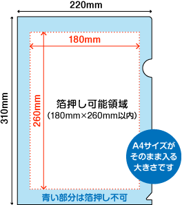箔押しクリアファイルのサイズと箔押し印刷が可能な面積