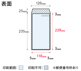既製封筒刷込印刷(オンデマンド) 長3封筒の印刷範囲