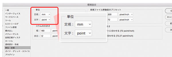 定規をmmに文字をpointに